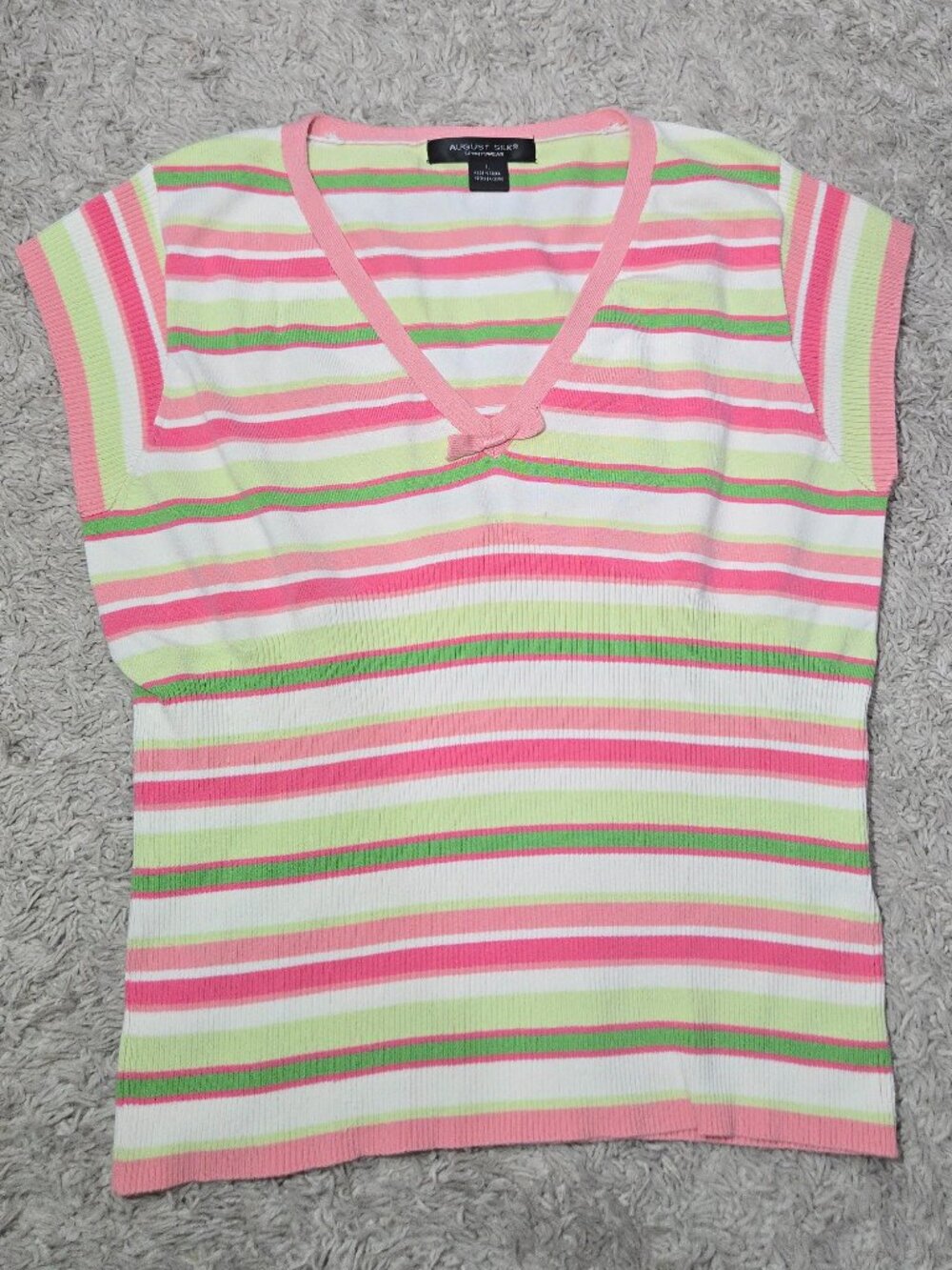 🎀 Vintage Y2K August Silk Preppy Classic Striped Knit Bow Pastel Knit Top Large
